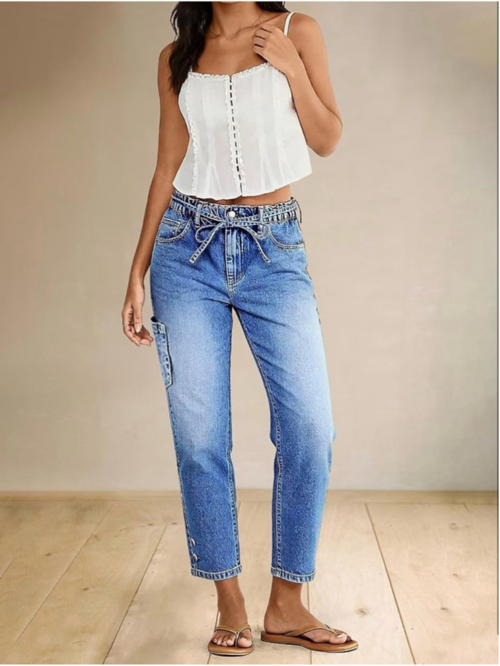 Flamingals Straight Leg Cropped Jeans Mid Rise Button Hem S Stretchy Baggy
